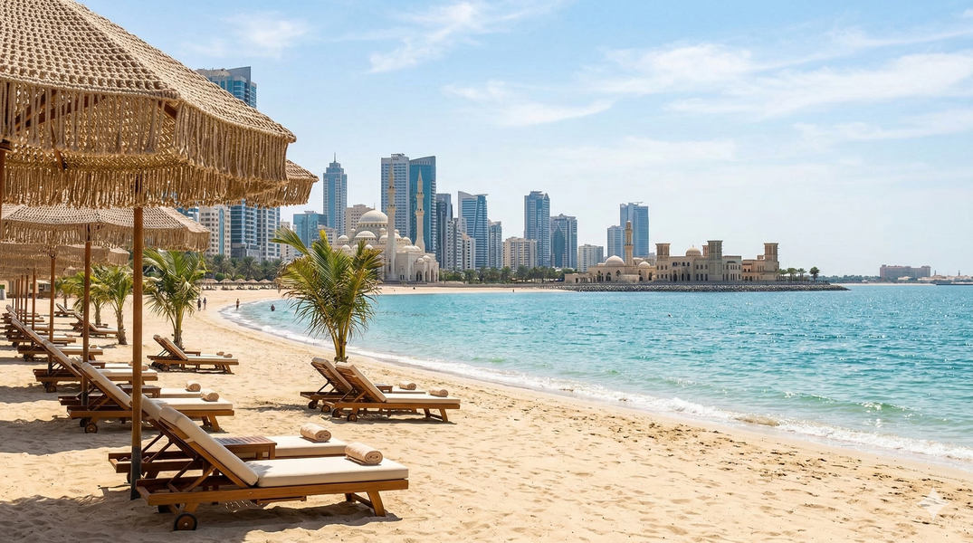 Песчаные пляжи и отели Шарджи у Персидского залива